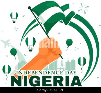 Felice Nigeria Independence Day illustrazione vettoriale il 1° ottobre con Waving Flag e The Fighters in National Holiday Flat Cartoon background Design Illustrazione Vettoriale