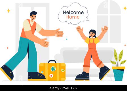 Illustrazione vettoriale di ritorno con un momento di riunione gioioso, il benvenuto a qualcuno a casa con uno sfondo di cartone animato in stile piatto Illustrazione Vettoriale