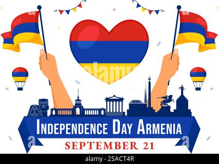 Illustrazione vettoriale del giorno dell'indipendenza dell'Armenia il 21 settembre con una bandiera ondeggiante e Museo di storia in uno sfondo di cartone animato in stile natalizio nazionale Illustrazione Vettoriale