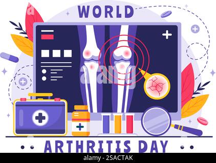 Illustrazione vettoriale della giornata mondiale dell'artrite per il 12 ottobre, con trattamento medico per reumatismi e osteoartrite, con una scansione a raggi X e osso Illustrazione Vettoriale