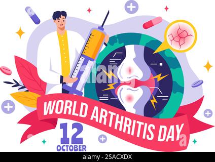 Illustrazione vettoriale della giornata mondiale dell'artrite per il 12 ottobre, con trattamento medico per reumatismi e osteoartrite, con una scansione a raggi X e osso Illustrazione Vettoriale