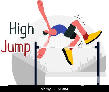 Illustrazione vettoriale di un atleta maschio che esegue un salto elevato, combinando velocità e tecnica per sorvolare il bar in uno sfondo di cartone animato piatto Illustrazione Vettoriale
