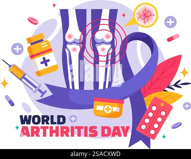 Illustrazione vettoriale della giornata mondiale dell'artrite per il 12 ottobre, con trattamento medico per reumatismi e osteoartrite, con una scansione a raggi X e osso Illustrazione Vettoriale