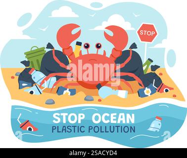 Ferma l'illustrazione dei vettori di inquinamento in plastica dell'oceano con Trash Under the Sea Like a Waste Bags and Bottles, danneggiando l'ecosistema delle barriere coralline e dei pesci Illustrazione Vettoriale