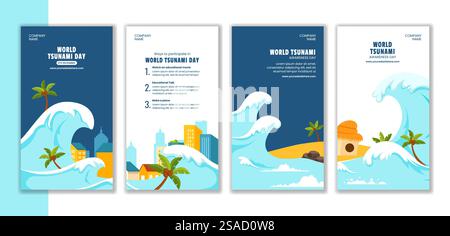 Tsunami Day Global Awareness Social Media Stories illustrazione del modello Flat Cartoon Illustrazione Vettoriale