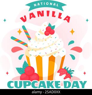 Illustrazione vettoriale National Vanilla Cupcake Day il 10 novembre con Cupcakes ricoperti di spandiconcime, fragole e crema alla vaniglia sullo sfondo Illustrazione Vettoriale