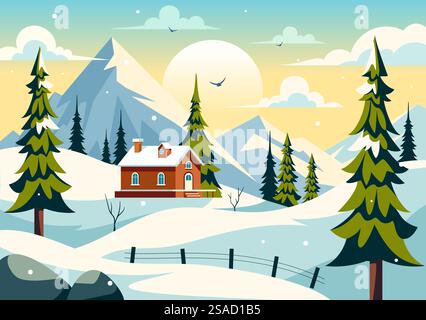 Affascinante illustrazione vettoriale del Winter Village con case accoglienti in un paesaggio panoramico di montagna innevata, con un ambiente naturale sereno sullo sfondo Illustrazione Vettoriale