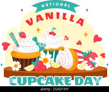 Illustrazione vettoriale National Vanilla Cupcake Day il 10 novembre con Cupcakes ricoperti di spandiconcime, fragole e crema alla vaniglia sullo sfondo Illustrazione Vettoriale