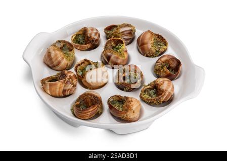 Escargots de Bourgogne - ricetta francese delle unghie con burro alle erbe in piatto bianco isolato su bianco con percorso di ritaglio incluso Foto Stock