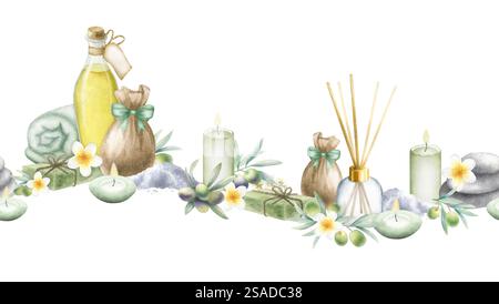 Olio d'oliva, sapone aleppo, sale marino, asciugamano arrotolato, candele, impilare ciottoli, fiori di frangipani e rami di ulivo. Bordo senza cuciture isolato ad acquerello disegnato a mano per nastro per imballaggio, design di un salone spa. Foto Stock