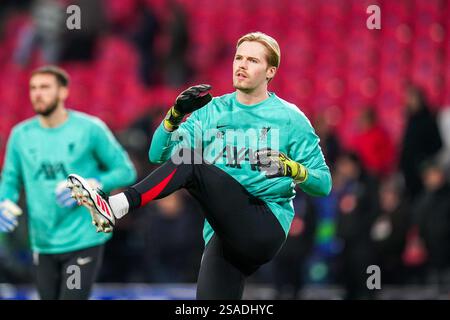 Eindhoven, Paesi Bassi. 29 gennaio 2025. Il portiere del Liverpool FC Caoimhin Kelleher (62) si scalda in vista della partita PSV Eindhoven contro Liverpool FC UEFA Champions League al Philips Stadion di Eindhoven, Paesi Bassi il 29 gennaio 2025 Credit: Alex Young/Every Second Media Credit: Every Second Media/Alamy Live News Foto Stock