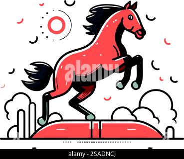 Cavallo che salta sopra l'ostacolo. Illustrazione vettoriale in stile lineare. Illustrazione Vettoriale