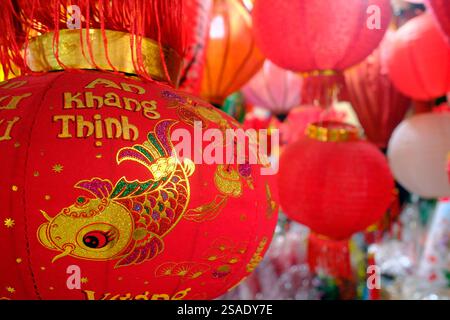 Decorazioni per il capodanno vietnamita e cinese in un negozio a Cholon, il quartiere cinese. Foto Stock