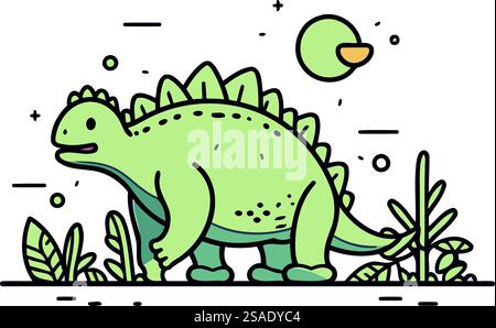 Carino dinosauro nella giungla. Illustrazione vettoriale in stile linea. Illustrazione Vettoriale