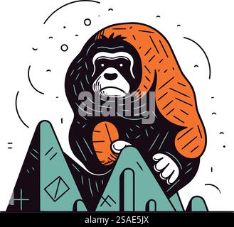 Gorilla in montagna. Illustrazione vettoriale in stile lineare. Illustrazione Vettoriale