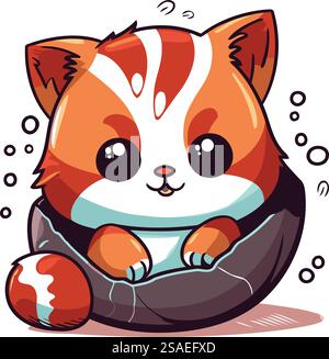 Carino kawaii, piccolo panda rosso seduto in una beanbag Illustrazione Vettoriale
