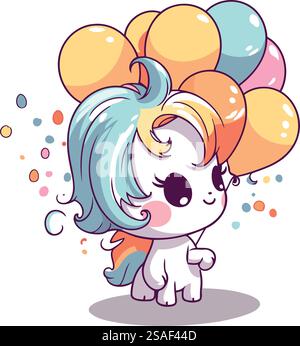 Simpatico unicorno cartoni animati con palloncini colorati. Illustrazione vettoriale isolata su sfondo bianco. Illustrazione Vettoriale