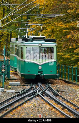 Drachenfels Railway, treno a due carrozze sulla linea, la più antica ferrovia a cremagliera in Germania, Germania, Renania settentrionale-Vestfalia, Koenigswinter Foto Stock