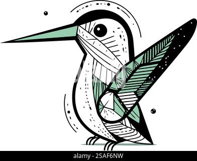 Illustrazione grafica astratta vettoriale disegnata a mano con colibrì isolato su sfondo bianco Illustrazione Vettoriale