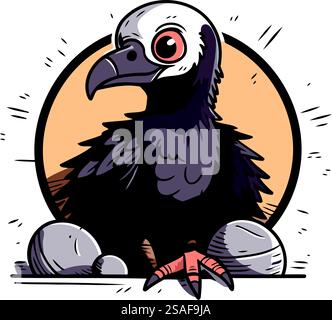Illustrazione vettoriale di un avvoltoio seduto su una pietra. Stile cartoni animati. Illustrazione Vettoriale