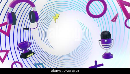 Immagine di controller di gioco, attrezzature e icone sopra l'elaborazione delle linee a spirale blu Foto Stock