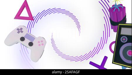 Immagine di controller di gioco, attrezzature e icone su linee a spirale viola Foto Stock