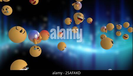 Immagine di icone emoji che volano su sfondo scuro Foto Stock