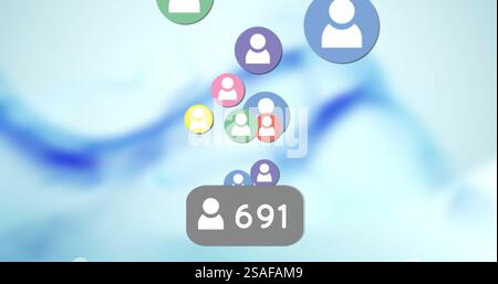 Immagine di icone e numeri delle persone che volano su sfondo blu Foto Stock