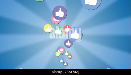 Immagine di icone con il pollice in alto che volano su sfondo blu Foto Stock