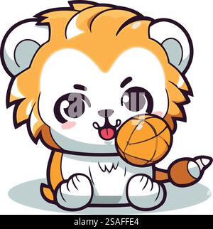 Grazioso panda da cartoni animati con pallacanestro. Illustrazione vettoriale su sfondo bianco. Illustrazione Vettoriale