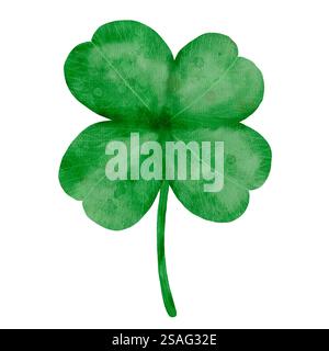Questo vibrante trifoglio a quattro foglie simboleggia la fortuna e la fortuna che si trovano nella bellezza della natura stessa. Clipart ad acquerello disegnato a mano isolato su sfondo bianco per vari progetti e stampe. Foto Stock