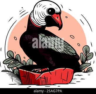 Avvoltoio seduto sul ceppo. Illustrazione vettoriale in stile cartone animato. Illustrazione Vettoriale