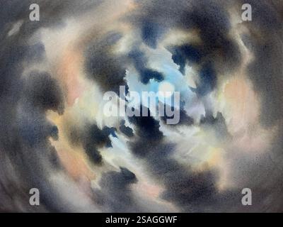 Una Luna nel cielo notturno, sfondo nuvoloso ad acquerello Foto Stock