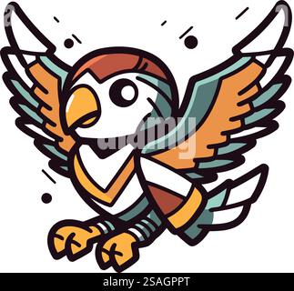 Illustrazione vettoriale di una mascotte di pappagallo volante. Isolato su sfondo bianco. Illustrazione Vettoriale