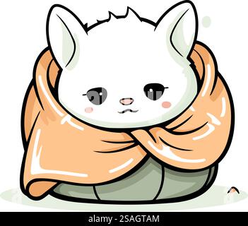 Simpatico coniglio kawaii a cartoni animati seduto con le mani piegate. Illustrazione vettoriale. Illustrazione Vettoriale