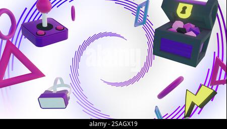 Immagine di controller di gioco, attrezzature e icone su linee a spirale viola Foto Stock