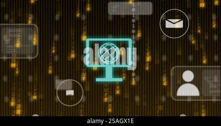 Immagine delle icone multimediali e del globo sulla codifica binaria Foto Stock