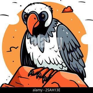 Illustrazione vettoriale di un avvoltoio seduto su una roccia. Carino stile cartoni animati. Illustrazione Vettoriale