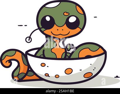 Un piccolo serpente carino in una ciotola. Illustrazione dei personaggi dei cartoni animati vettoriali. Illustrazione Vettoriale