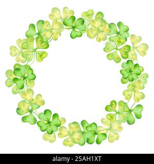 Cornice rotonda di shamrock e quadrifoglio per il giorno di San Patrizio. Illustrazione dell'acquerello e del marcatore. Disegno isolato disegnato a mano. Sfondo botanico Foto Stock