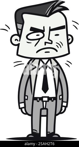 Illustrazione della figura Vector Stick in bianco e nero per uomo d'affari arrabbiato con cartoni animati Illustrazione Vettoriale