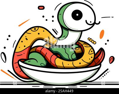Carino serpente dei cartoni animati nella ciotola. Illustrazione vettoriale. Isolato su sfondo bianco. Illustrazione Vettoriale