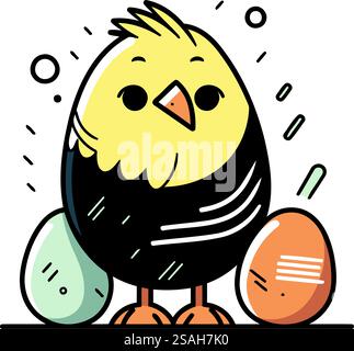 Pollo pasquale con uova. Illustrazione vettoriale in stile doodle. Illustrazione Vettoriale