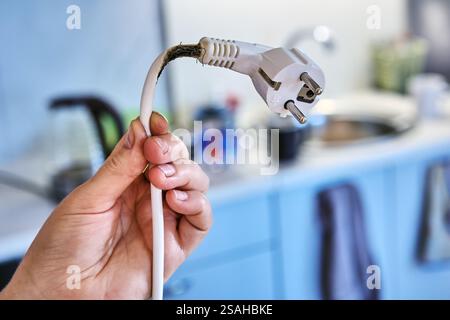 Il cavo di prolunga si è fuso e bruciato a causa del sovraccarico e potrebbe causare incendi. Foto Stock