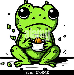 Simpatica rana dei cartoni animati seduta e con in mano un uovo. Illustrazione vettoriale. Illustrazione Vettoriale