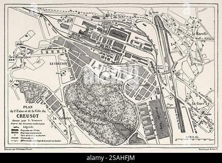 Vecchia mappa della fabbrica e della città di Creusot, Francia. Europa. Le Creusot et les Mines de Saone-et-Loire, 1865 di Louis Laurent Simonin (1830-1886) le Tour du Monde 1867 Foto Stock