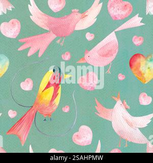 Gli uccelli del paradiso si sono innamorati dei personaggi dei cartoni animati, i cuori hanno dipinto a mano l'acquerello senza cuciture su turchese. Perfetto per le carte, bambini Foto Stock