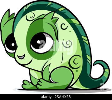 Simpatica iguana verde dei cartoni animati isolata su sfondo bianco. Illustrazione vettoriale. Illustrazione Vettoriale