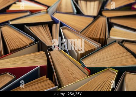 Libri vecchi e ben utilizzati o libri di testo in un negozio di libri o una biblioteca. Molti Libri Mucchi. Libri hardback su tavolo in legno vista dall'alto. Ritorno a scuola ba Foto Stock