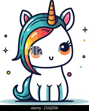 Simpatico unicorno cartoni animati con capelli arcobaleno. Illustrazione vettoriale isolata su sfondo bianco. Illustrazione Vettoriale